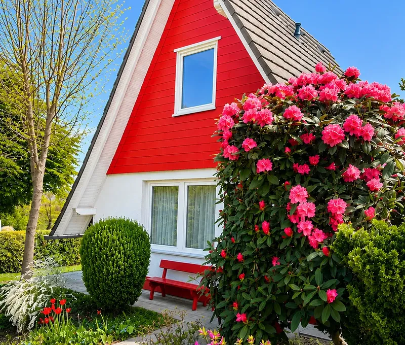Aussenansicht vom Haus am See mit roter Fassade, Rosenstrauch und blauem Himmel.
