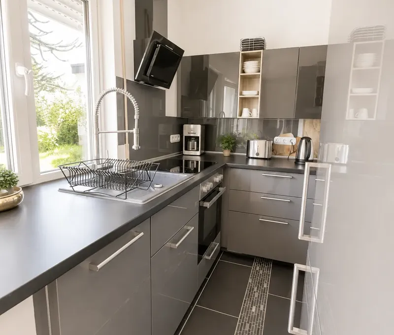 Moderne Kueche im Haus am See mit Arbeitsplatte, Herd und Dunstabzug.