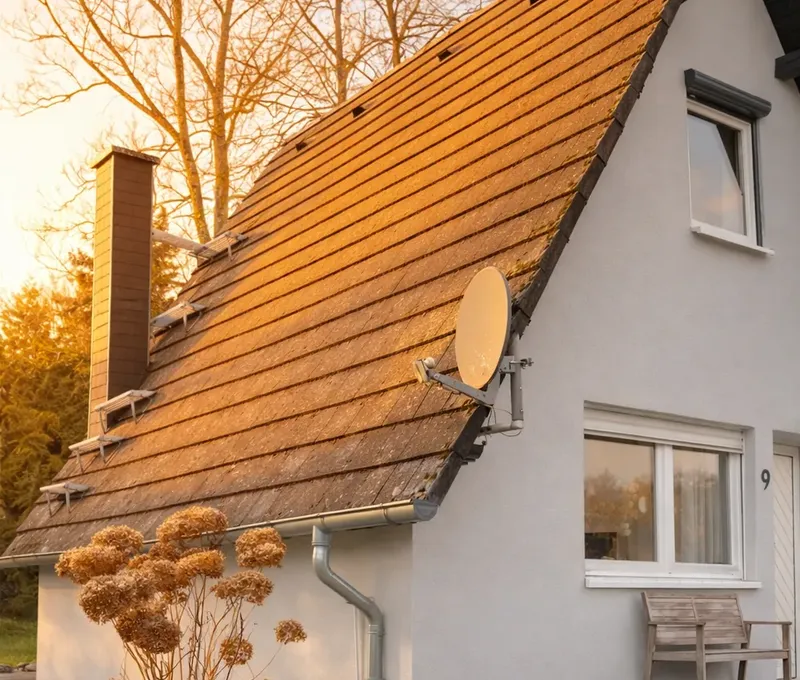 Au&szlig;enansicht vom Ferienhaus Seeblick mit heller Fassade und Dach in warmer Abendsonne.