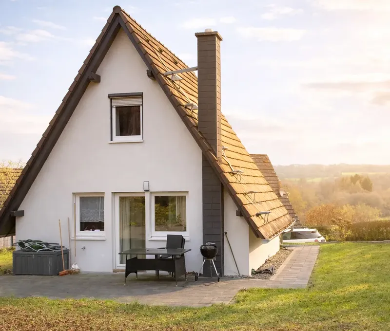 Au&szlig;enansicht vom Ferienhaus Seeblick mit Garten, Terrasse und Blick in den Westerwald.